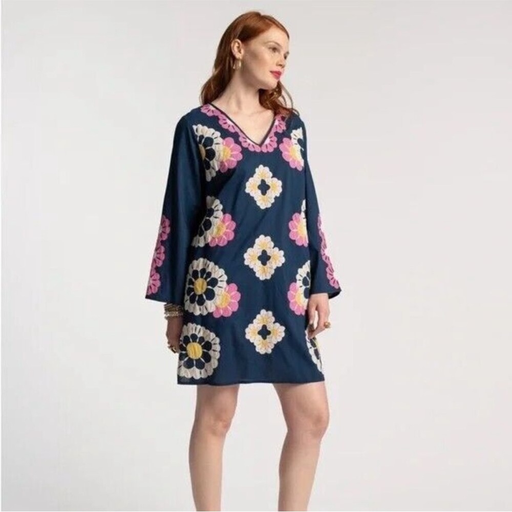 Frances Valentine GOLDIE Floral Embroidered Women's tunic dress LARGE blue pink